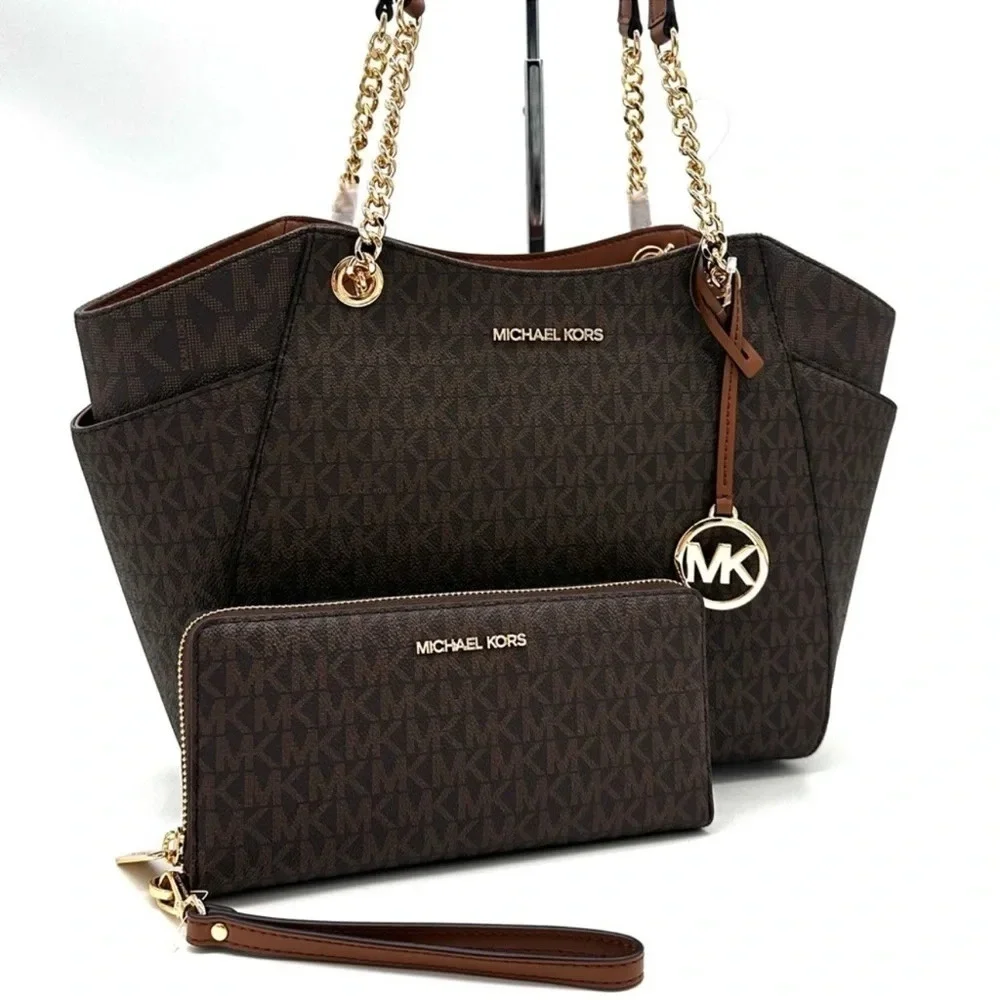 Michael Kors Large Jet Set Travel Chain Shoulder Bag & Continental Wallet Brown